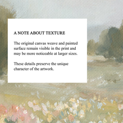 A square informational overlay on a painted landscape artwork reads: 'A NOTE ABOUT TEXTURE' with a paragraph about the original canvas weave and painted surface remaining visible in the print. The background artwork shows a soft impressionistic scene in muted greens, beige, gray, and pink tones.