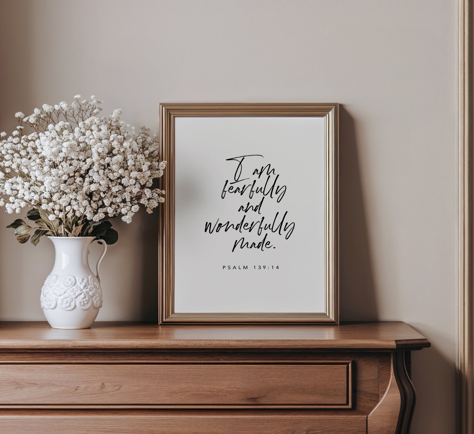 Fearfully and wonderfully made Bible verse wall art print for bedroom