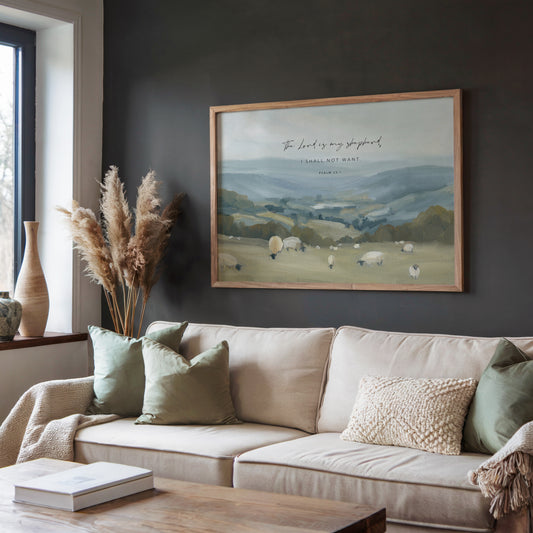 Christian wall art of Psalm 23 with sheep in green pasture hills