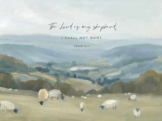 The Lord Is My Shepherd painting with soft vibrant green landscape