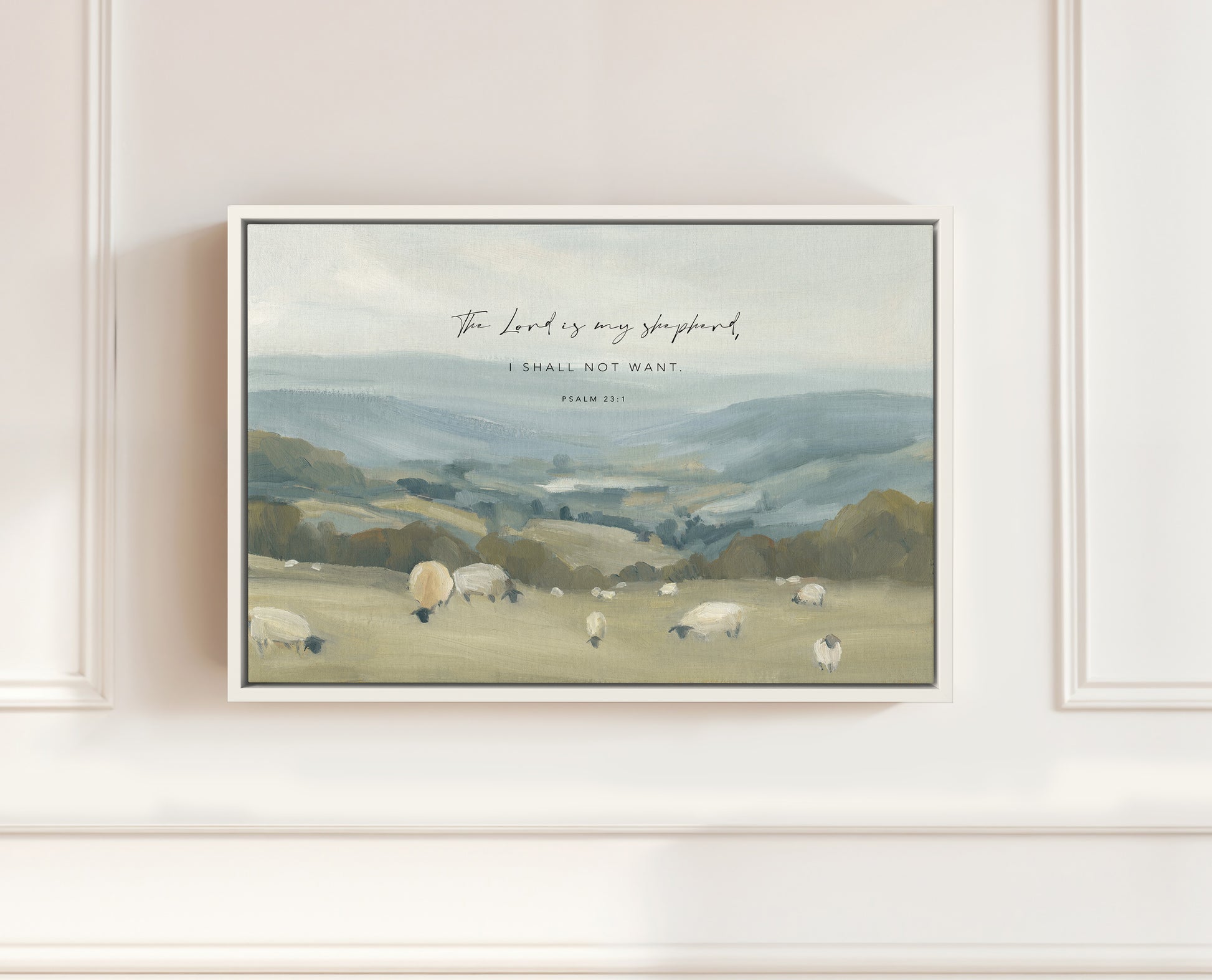 Sheep resting on peaceful hills Christian wall art Psalm 23 theme