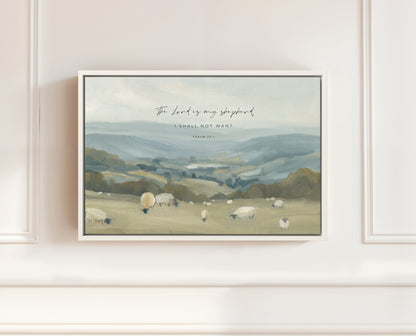 Sheep resting on peaceful hills Christian wall art Psalm 23 theme