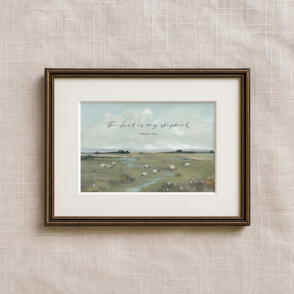 Christian landscape wall art with sheep in field