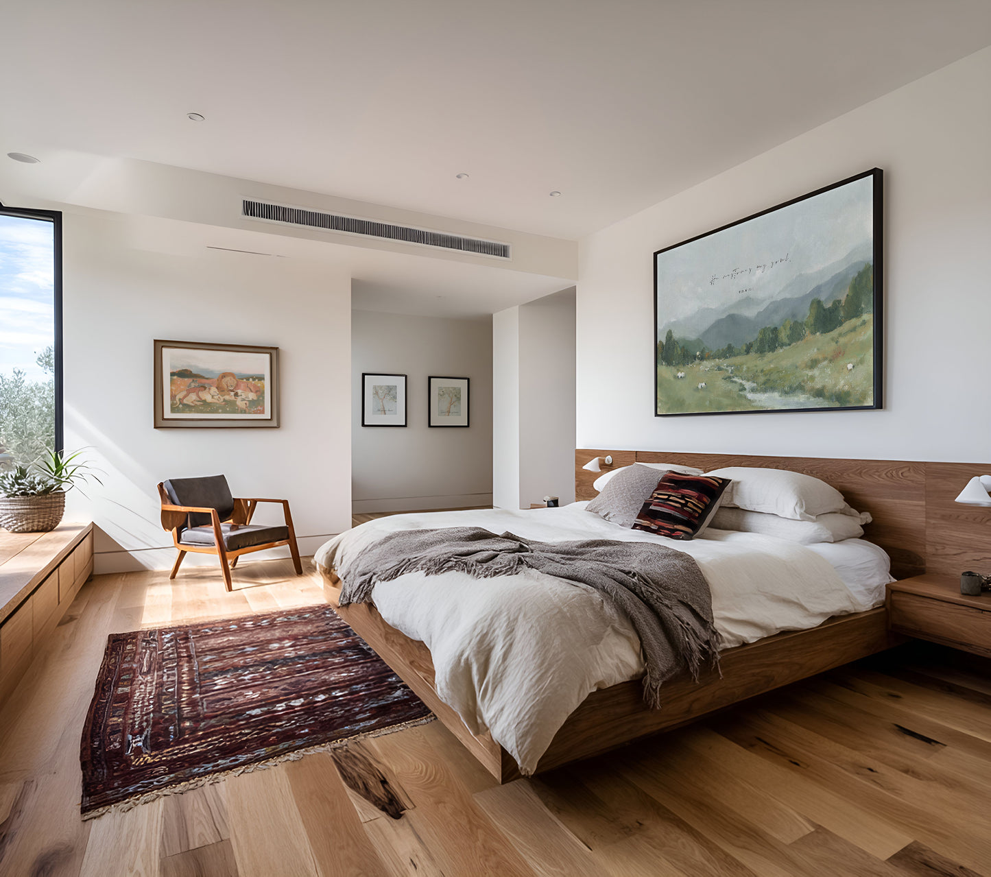 Psalm 23 inspired Christian landscape painting with distant mountain in bedroom