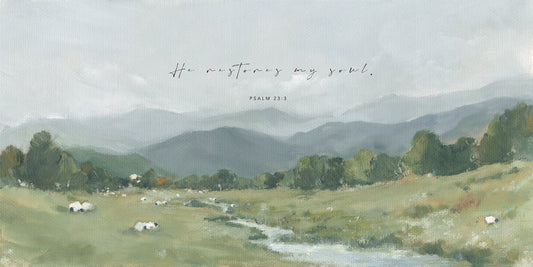 Christian wall art landscape with Psalm 23 He Restores My Soul verse