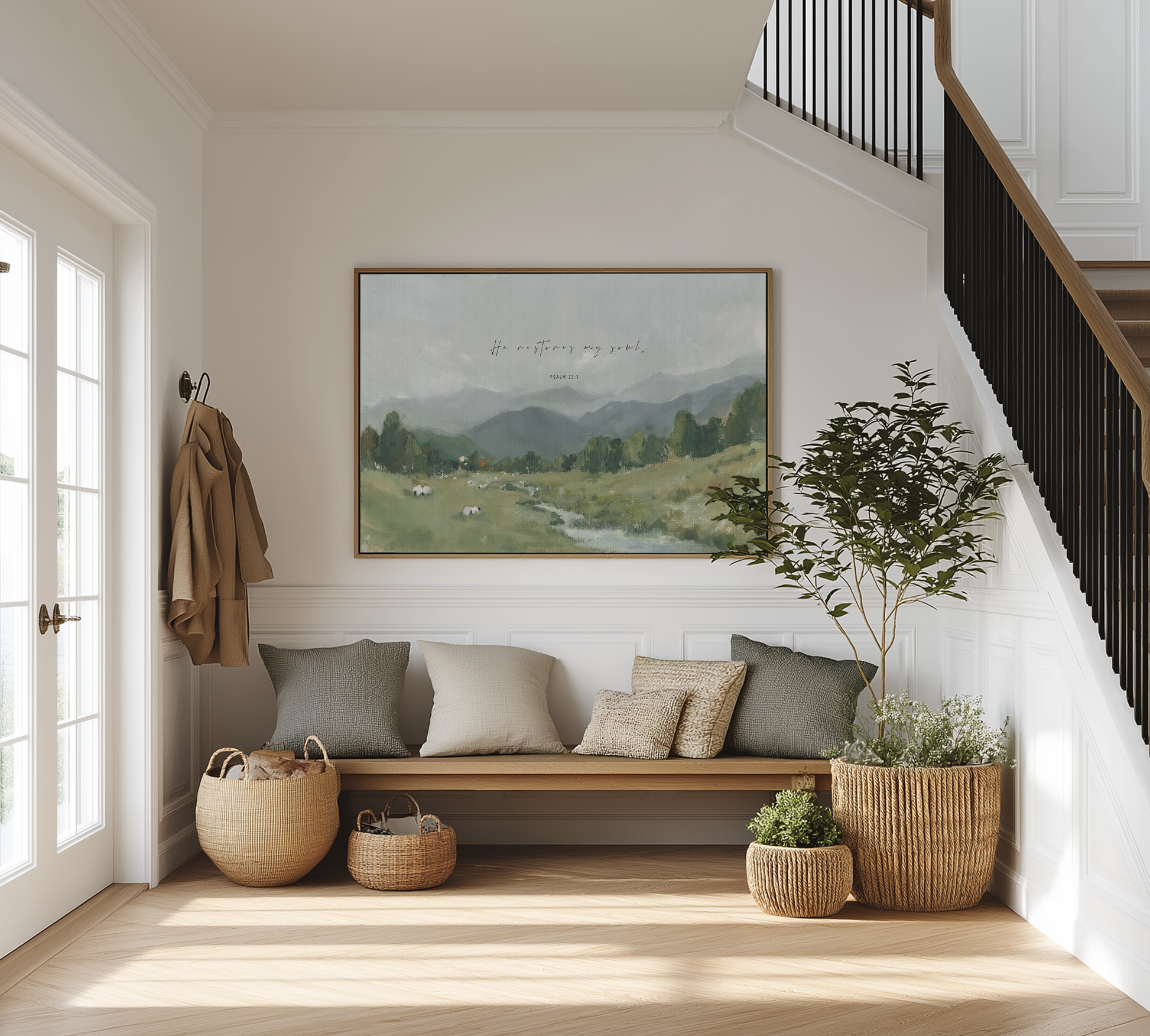 Christian wall art landscape with Psalm 23 He Restores My Soul verse