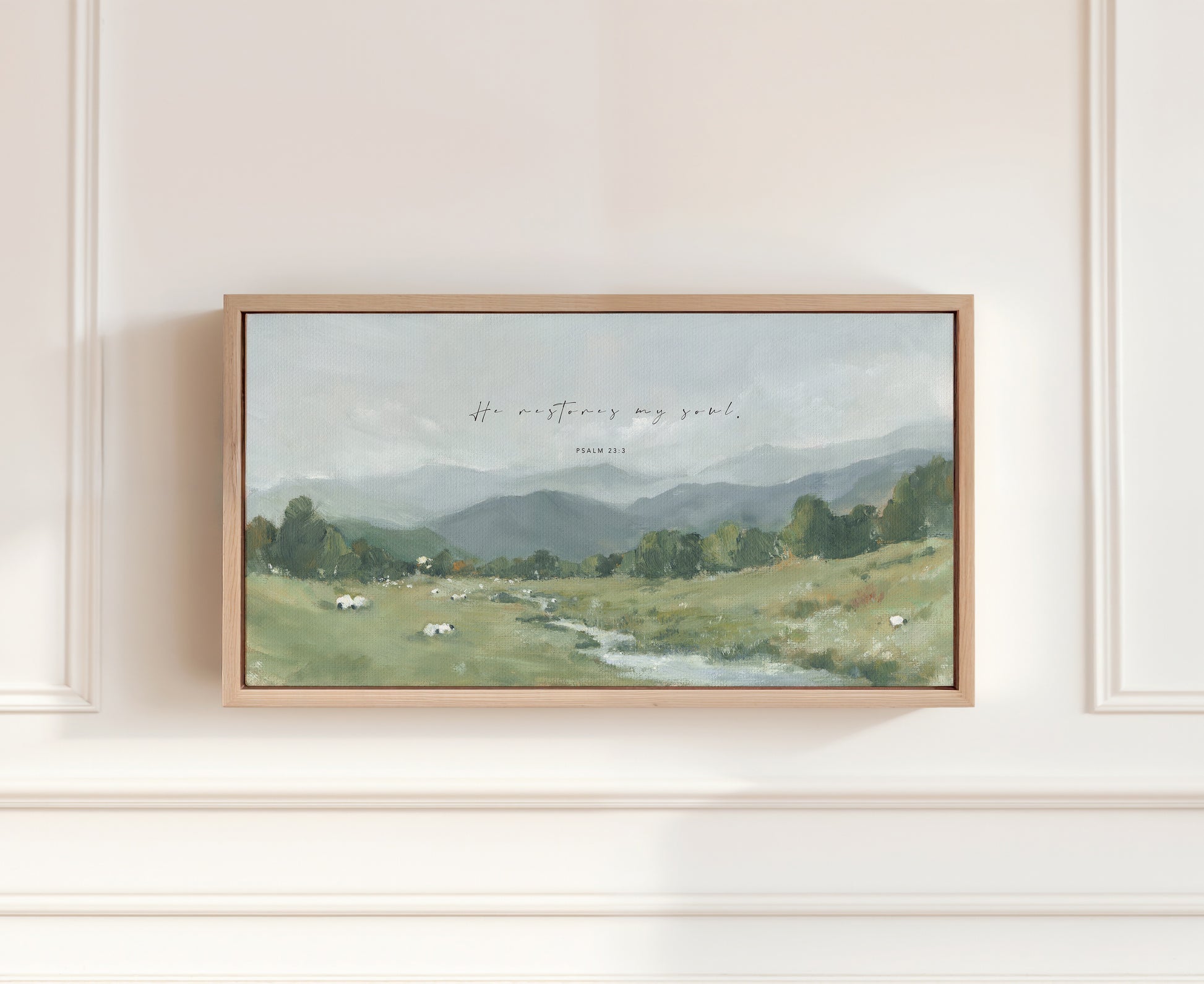 Christian wall art landscape with Psalm 23 He Restores My Soul verse
