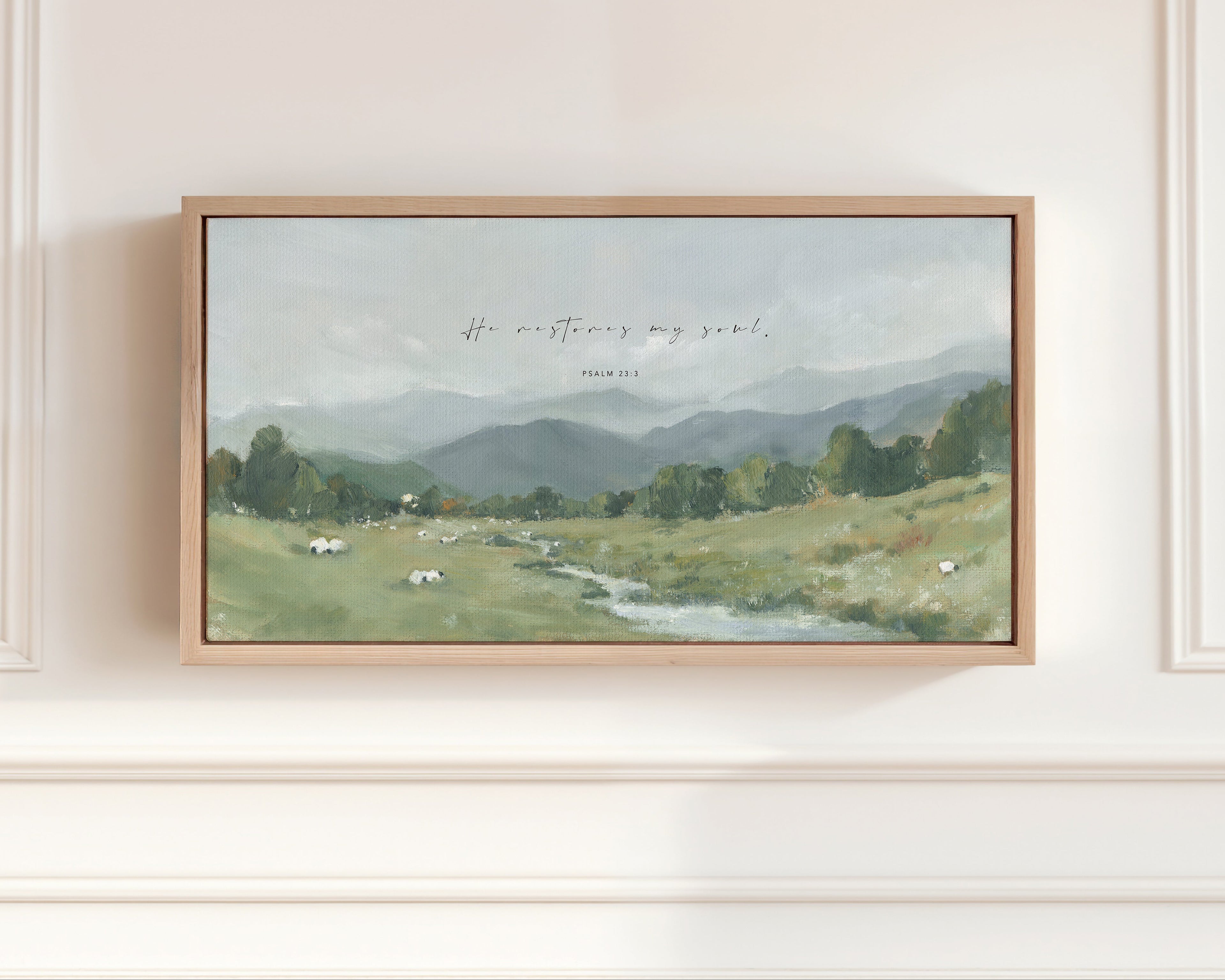 Christian wall art landscape in floating canvas frame with Psalm 23 He Restores My Soul verse