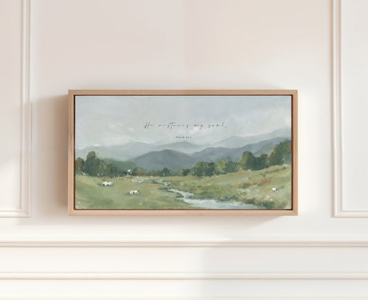 Christian wall art landscape with Psalm 23 He Restores My Soul verse