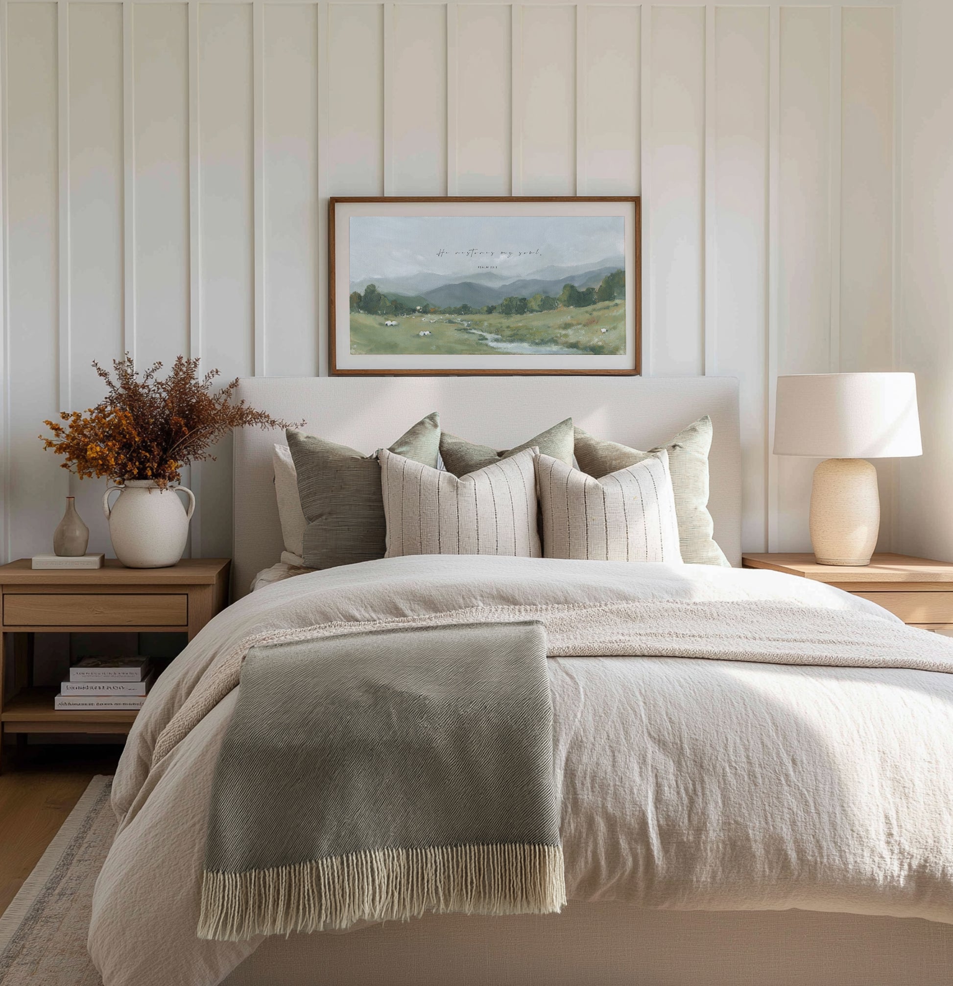 bedroom decor -Psalm 23 inspired Christian landscape painting with distant mountain