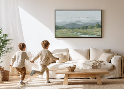 Psalm 23 inspired Christian landscape painting with distant mountain
