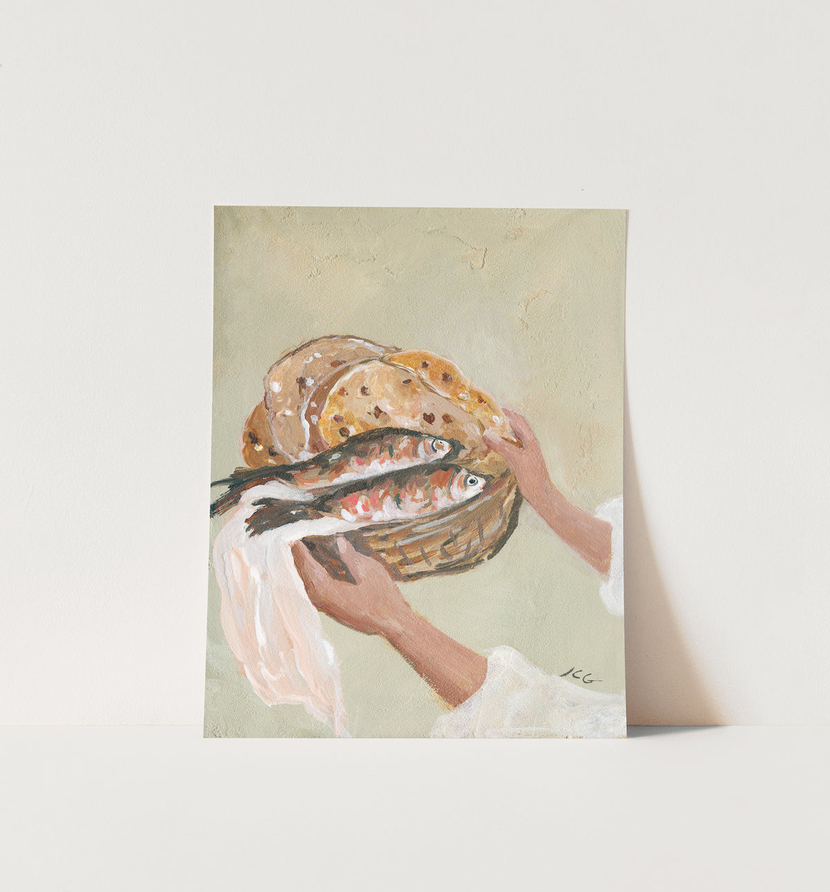 A vertical art print or Textured painting of hands presenting a woven basket filled with five loaves and two fish, inspired by Jesus feeding the five thousand.
