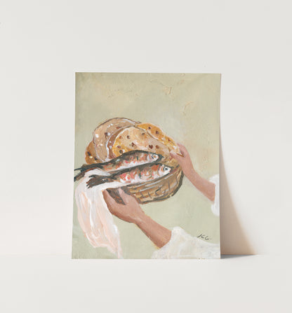 A vertical art print or Textured painting of hands presenting a woven basket filled with five loaves and two fish, inspired by Jesus feeding the five thousand.