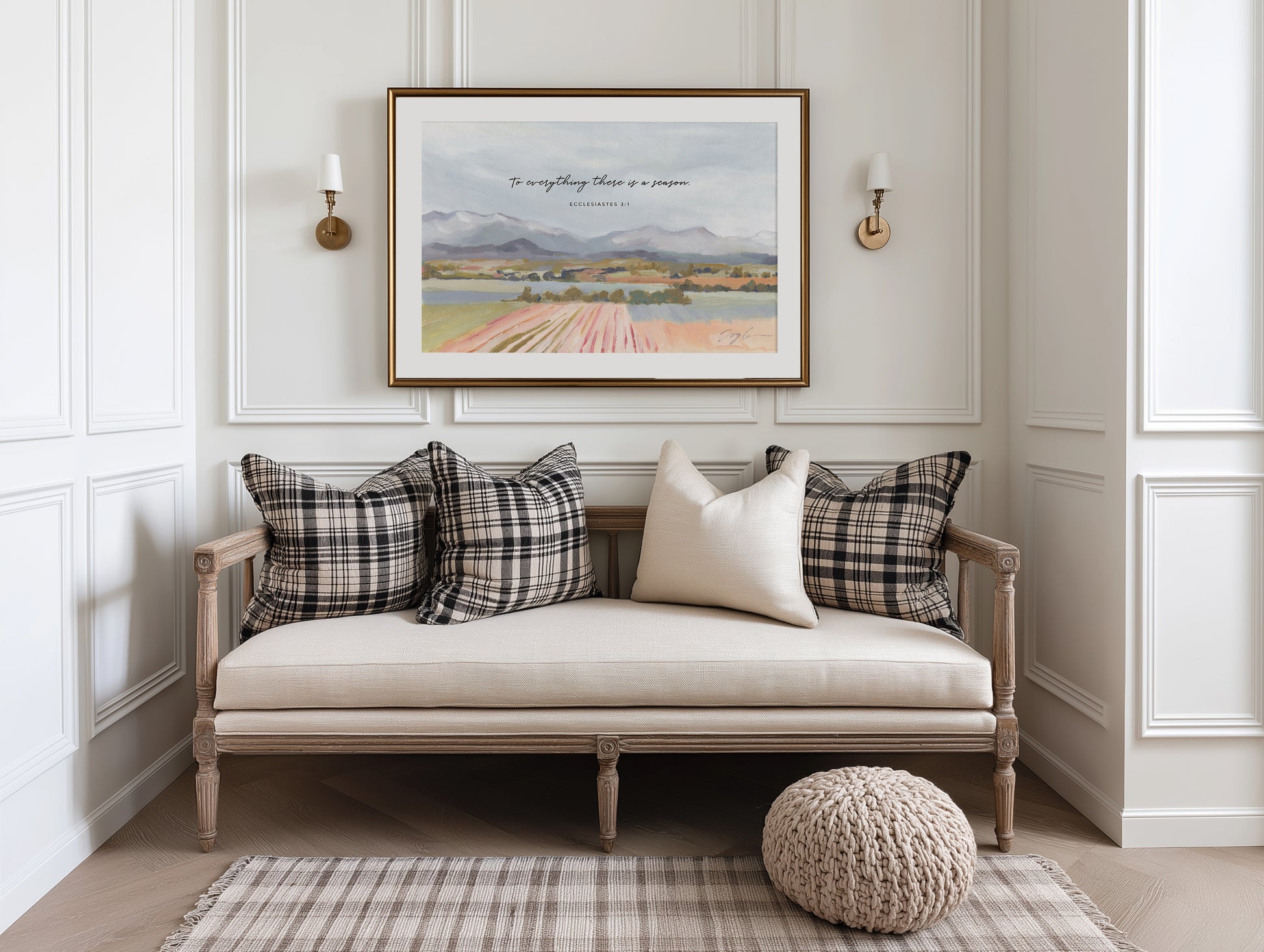 framed Christian art of Crops field by the river with mountains in the distance featuring “To everything there is a season” Ecclesiastes 3:1 wall art