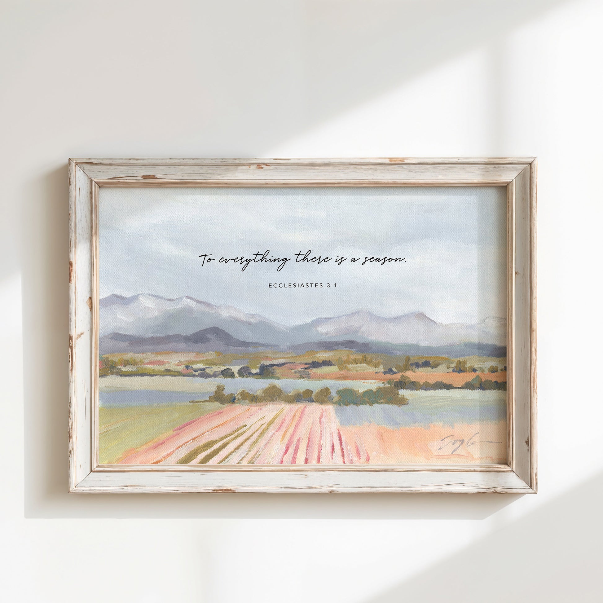 Crops field by the river with mountains in the distance featuring “To everything there is a season” Ecclesiastes 3:1 wall art