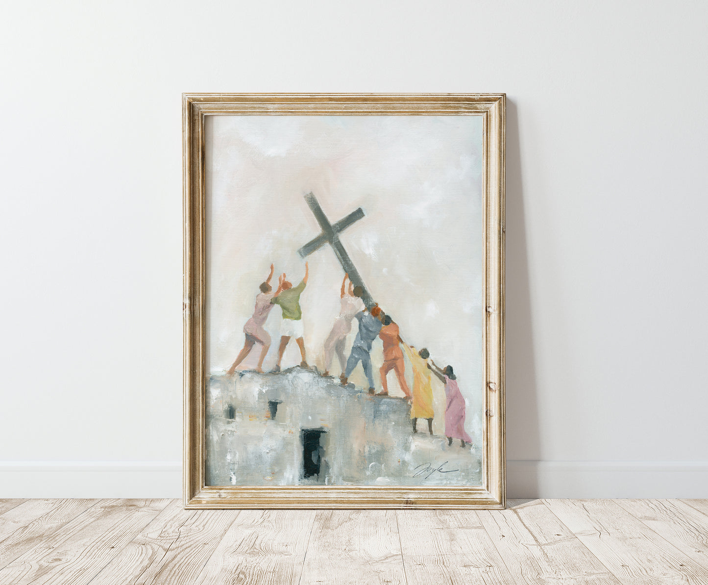 Vibrant Christian wall art of people from different backgrounds raising the cross together on a ruined building, symbolizing the global church, persecution, unity, and hope in Christ.