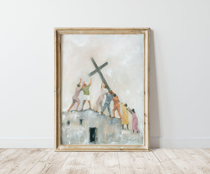 Vibrant Christian wall art of people from different backgrounds raising the cross together on a ruined building, symbolizing the global church, persecution, unity, and hope in Christ.