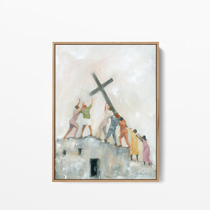 Framed vibrant Christian wall art of people from different backgrounds raising the cross together on a ruined building, symbolizing the global church, persecution, unity, and hope in Christ.