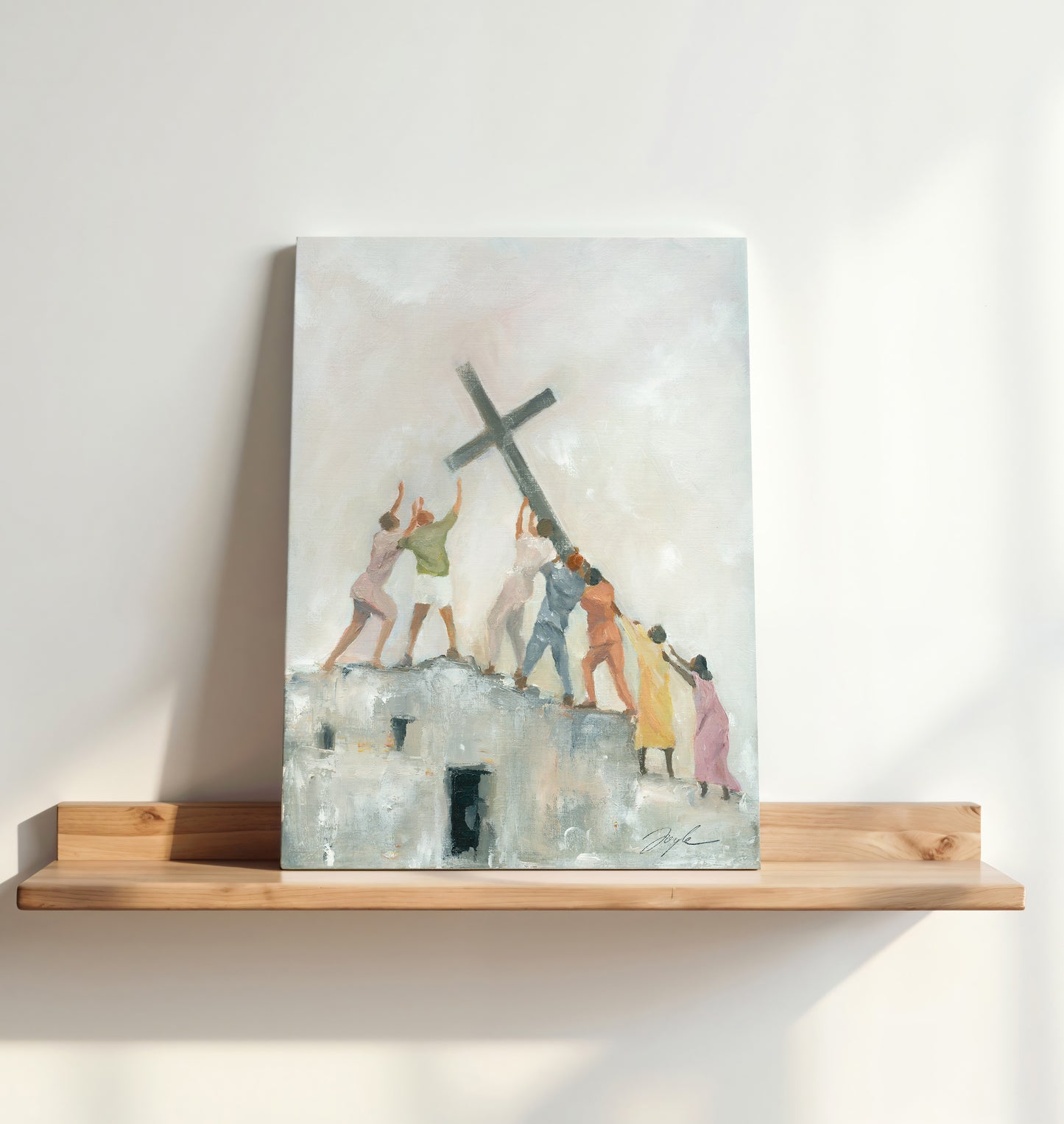 Vibrant Christian wall art of people from different backgrounds raising the cross together on a ruined building, symbolizing the global church, persecution, unity, and hope in Christ.