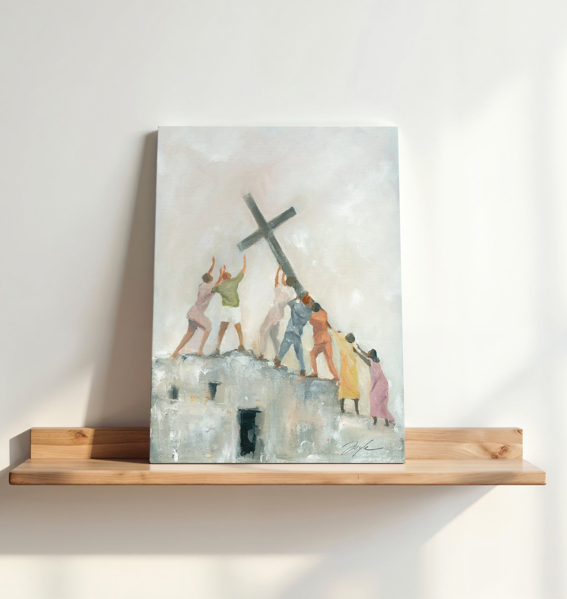 Vibrant Christian wall art of people from different backgrounds raising the cross together on a ruined building, symbolizing the global church, persecution, unity, and hope in Christ.