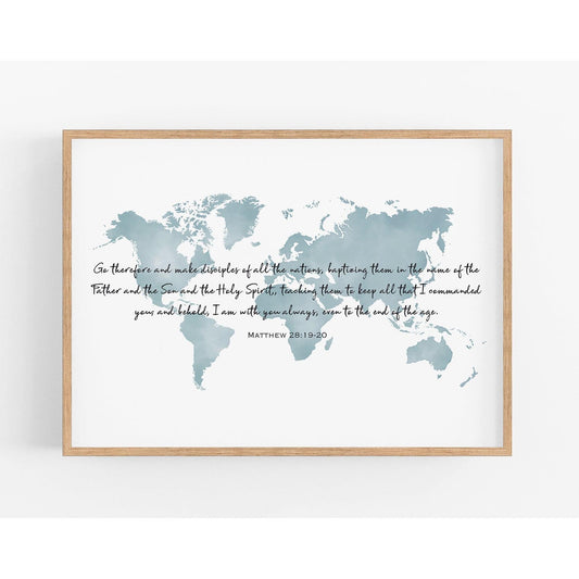 World Map Art Print with Bible Verse Matthew 28:19-20