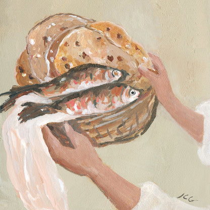 Textured painting of hands presenting a woven basket filled with five loaves and two fish, inspired by Jesus feeding the five thousand.
