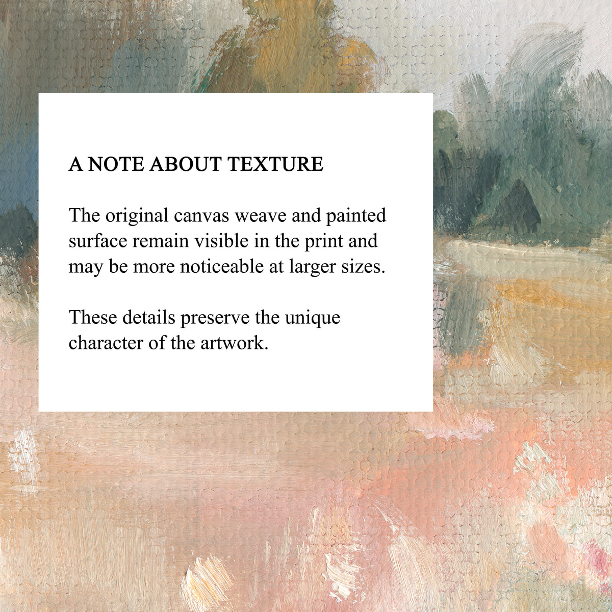 A close-up of a textured canvas painting with a white text box overlay reading 'A NOTE ABOUT TEXTURE' and descriptive copy about visible canvas weave and painted surface.