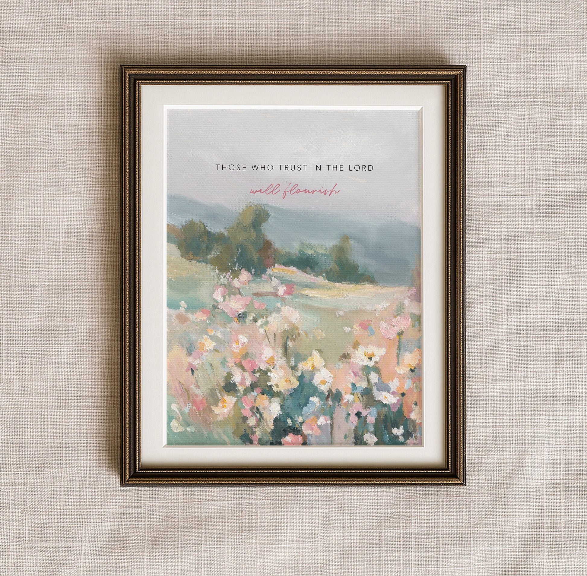 Christian wall art of wildflowers and trees with Bible verse trust and flourish