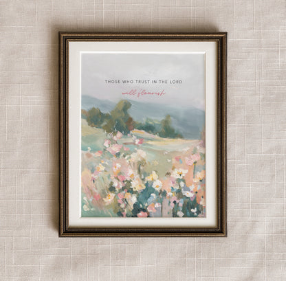 Christian wall art of wildflowers and trees with Bible verse trust and flourish