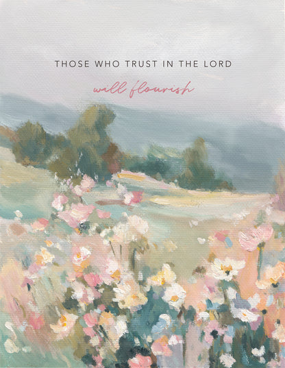 Christian wall art of wildflowers and trees with Bible verse trust and flourish