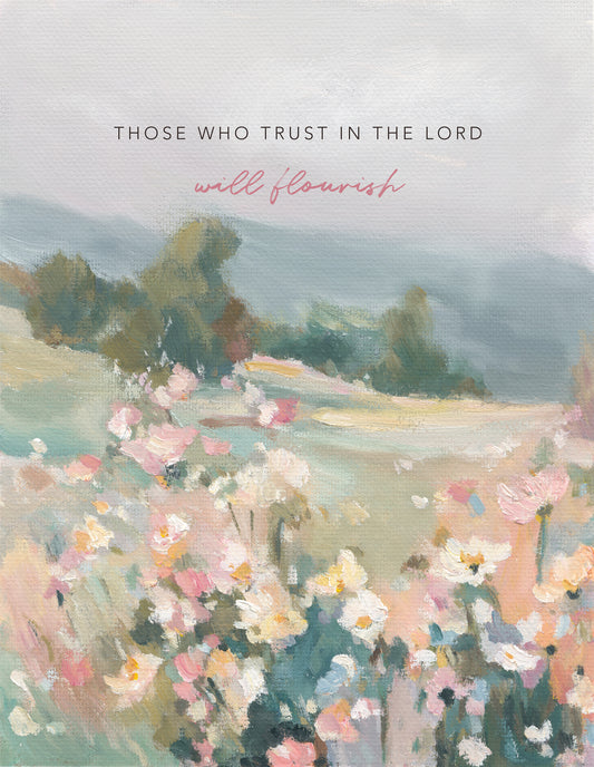 Christian wall art of wildflowers and trees with Bible verse trust and flourish