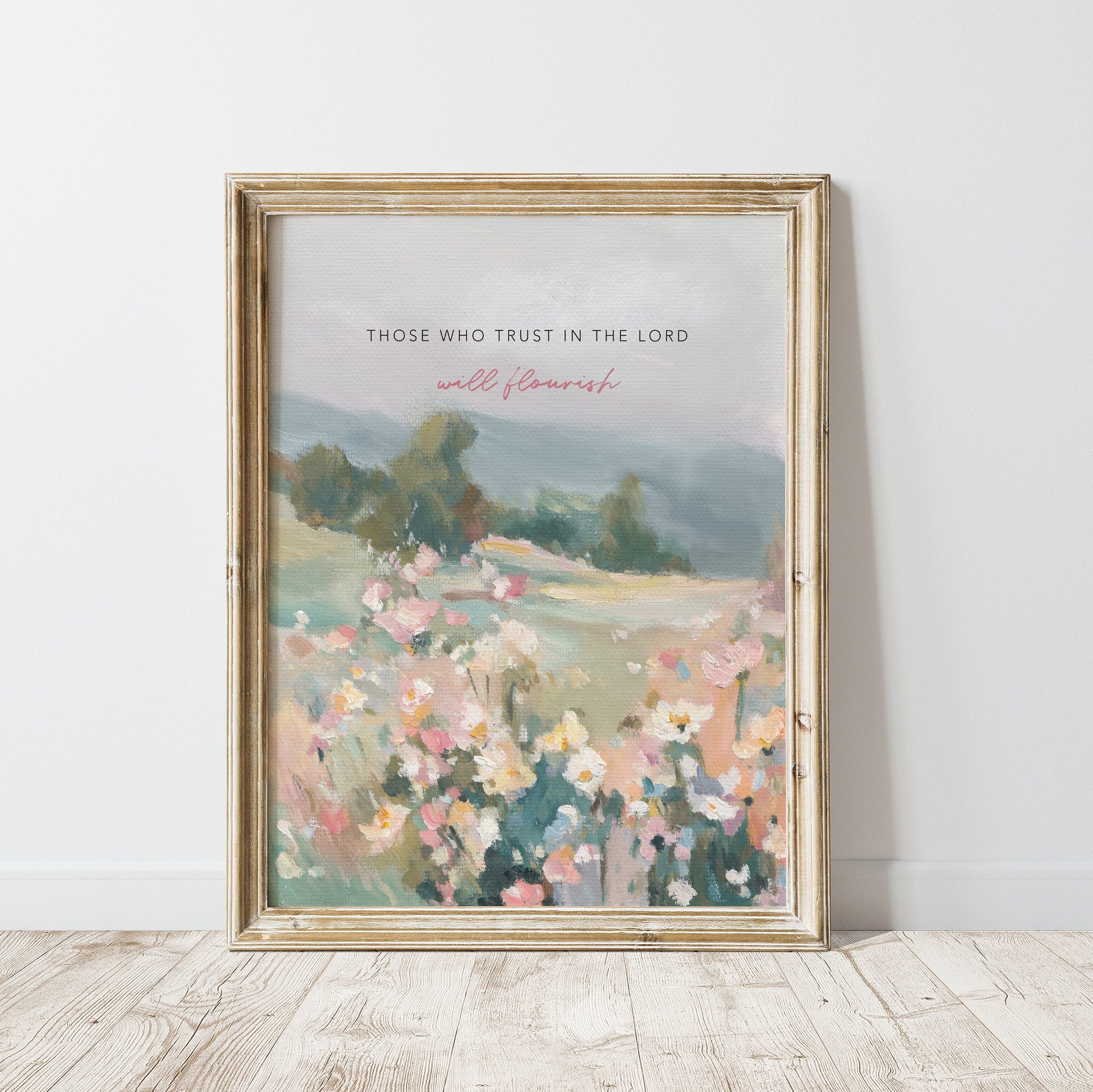 Christian wall art of wildflowers and trees with Bible verse trust and flourish