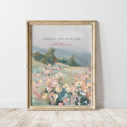 Christian wall art of wildflowers and trees with Bible verse trust and flourish