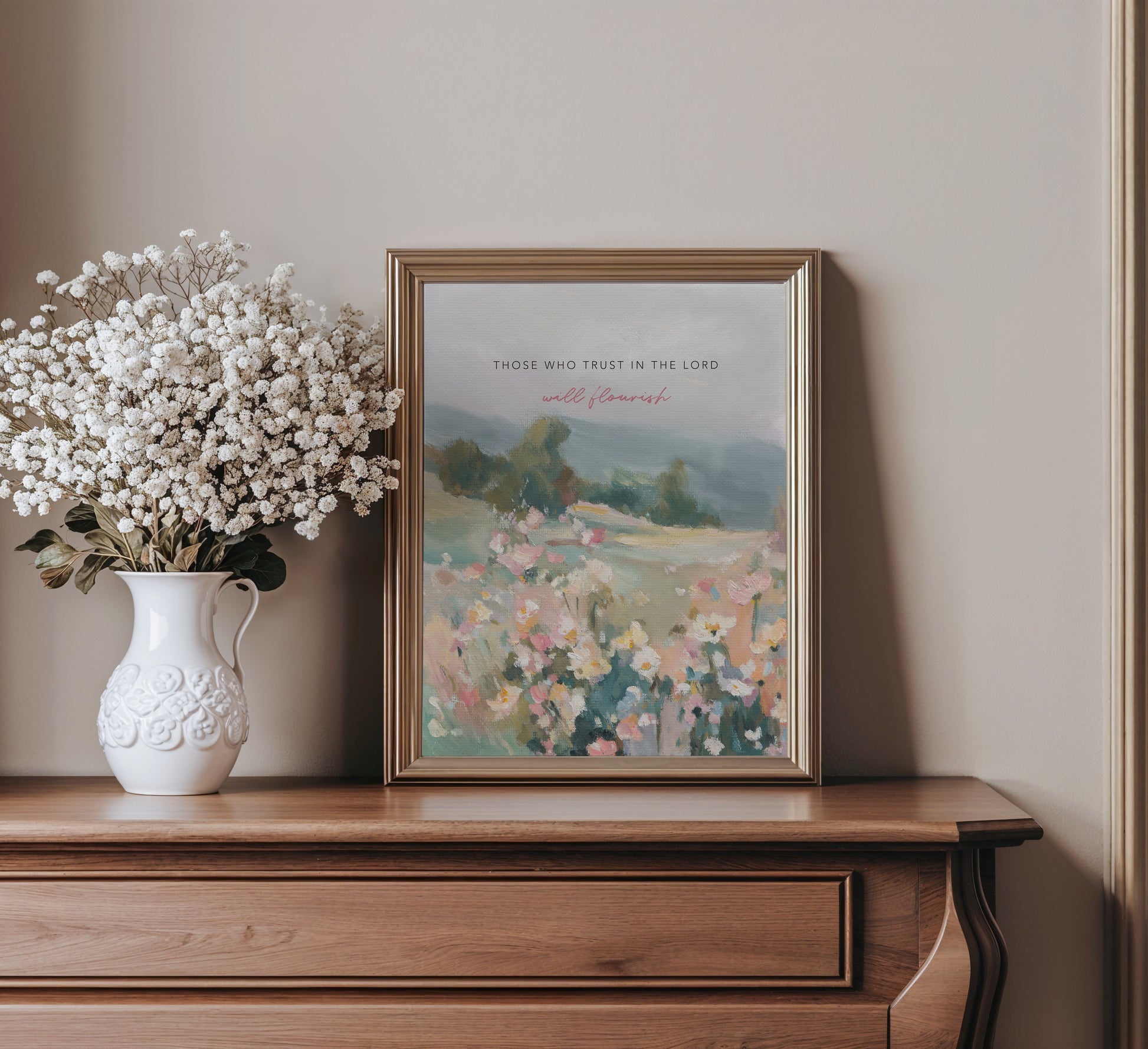 Christian wall art of wildflowers and trees with Bible verse trust and flourish