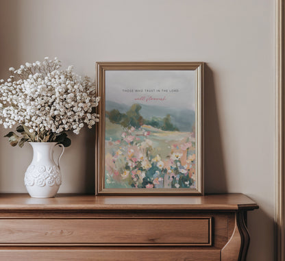 Christian wall art of wildflowers and trees with Bible verse trust and flourish