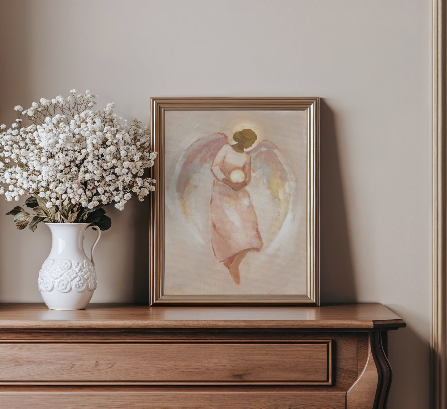 guardian angel art print holding glowing lamp christian wall decor