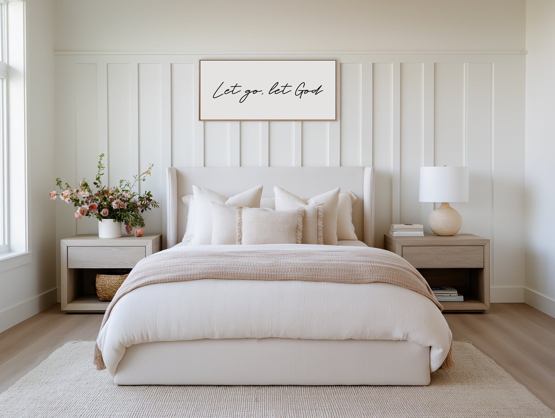 Peaceful bedroom wall art Let Go Let God Christian sign