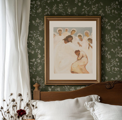 bedroom christian wall art print jesus and angels watching over exhausted woman
