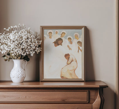 christian wall art print jesus and angels watching over exhausted woman