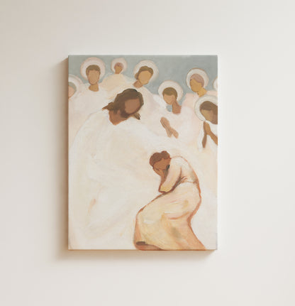 christian wall art print jesus and angels watching over exhausted woman