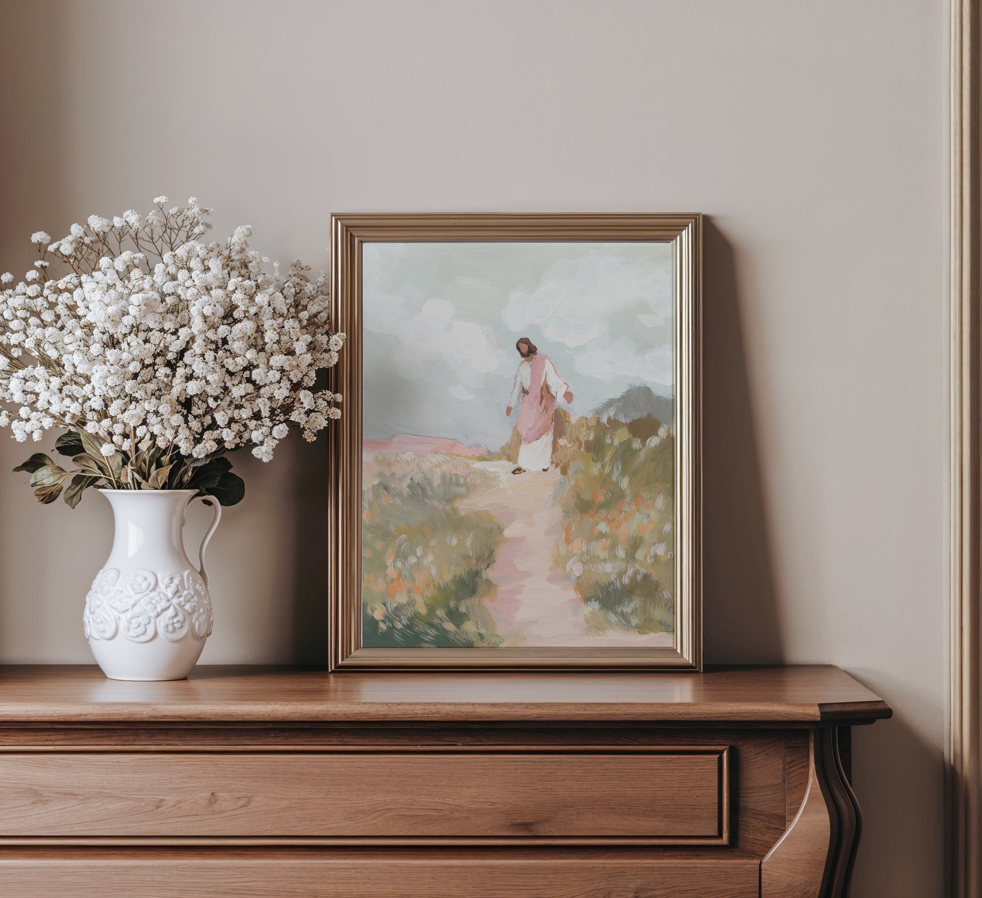 Framed artwork of christian wall art print jesus inviting viewer to follow him matthew 4 19