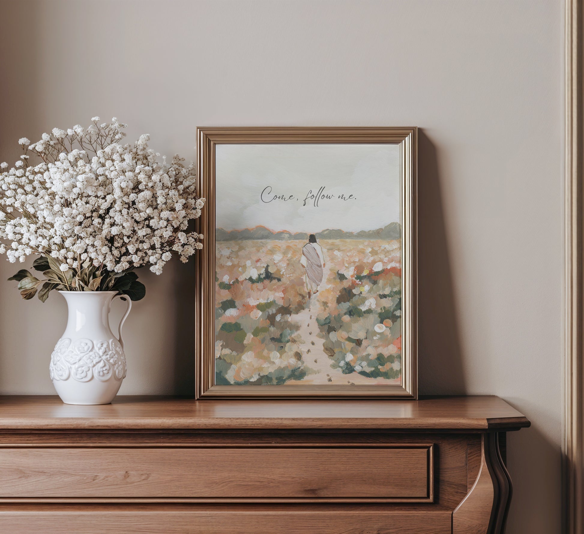 christian wall art come follow me jesus walking in field