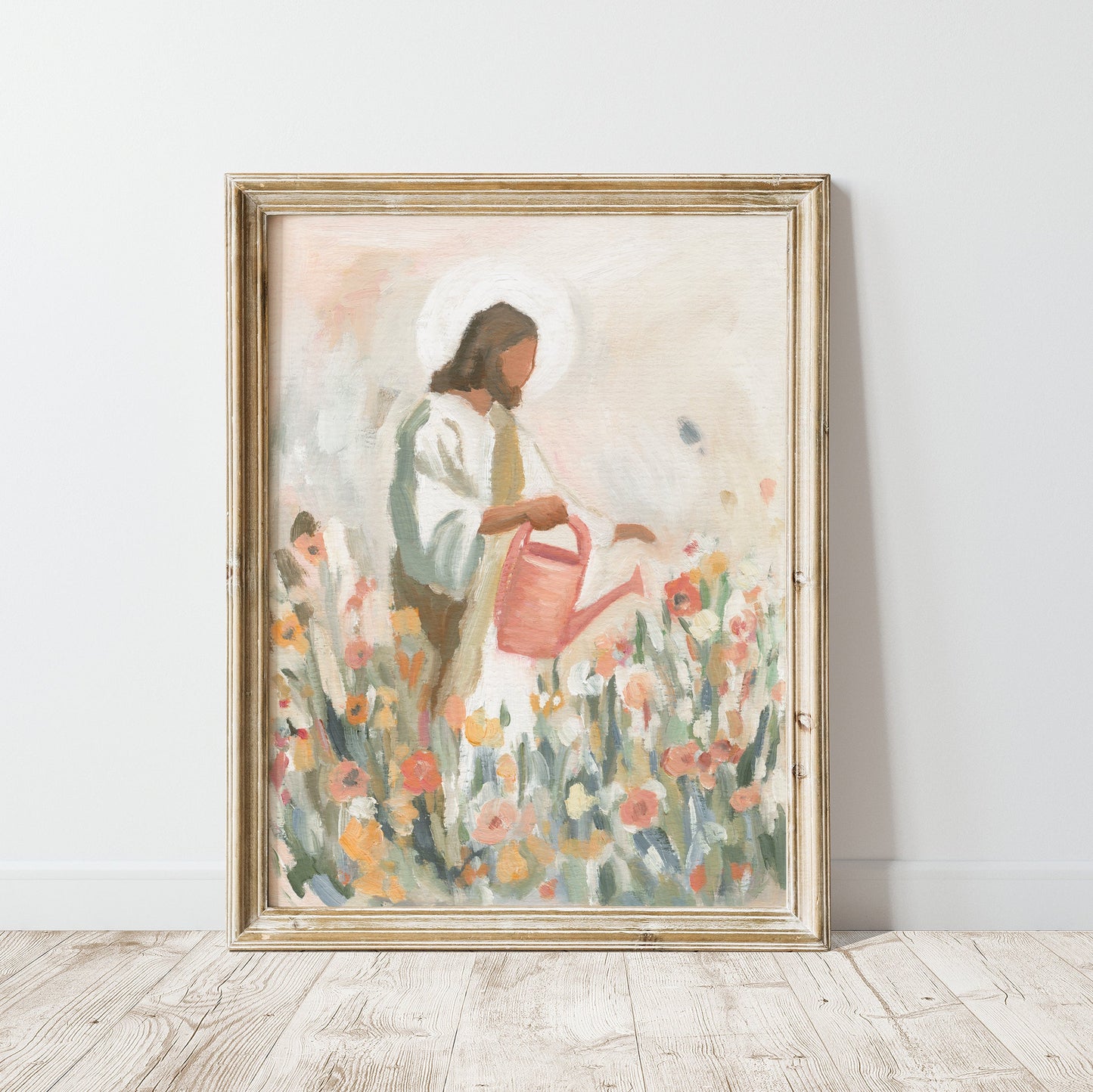 jesus watering flowers christian wall art print inspired by 1 corinthians 3 7