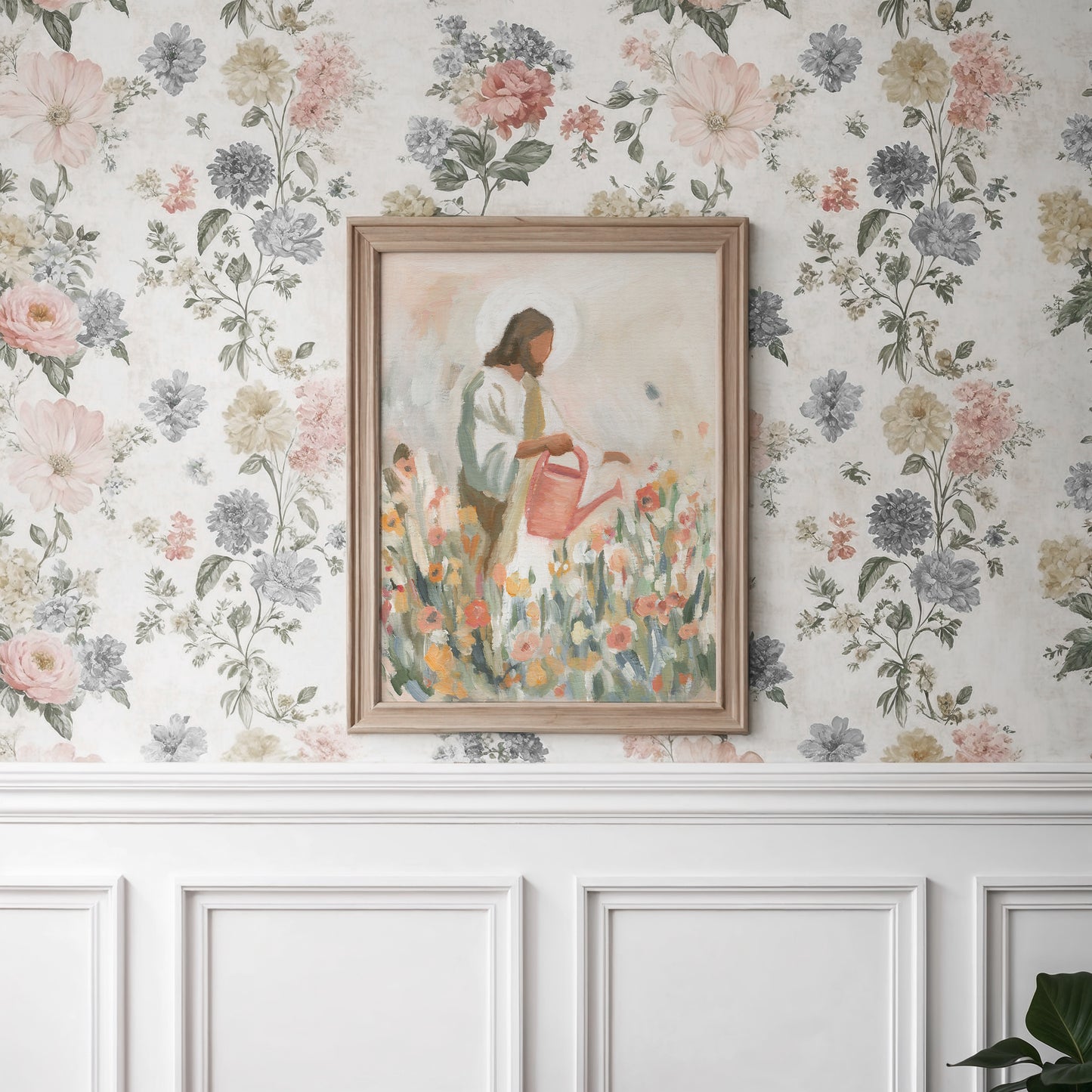 jesus watering flowers christian wall art print inspired by 1 corinthians 3 7