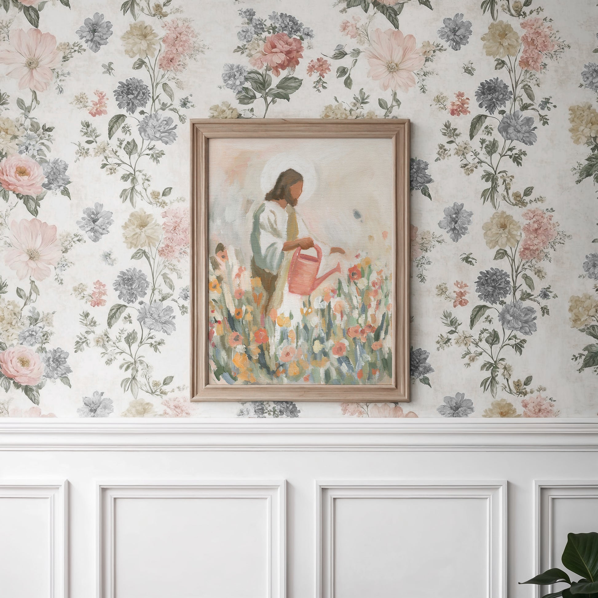 jesus watering flowers christian wall art print inspired by 1 corinthians 3 7