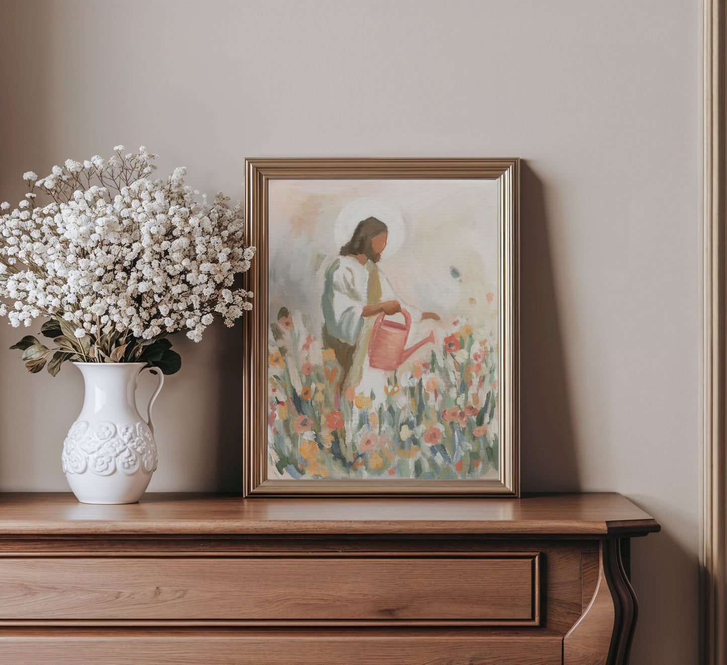 jesus watering flowers christian wall art print inspired by 1 corinthians 3 7