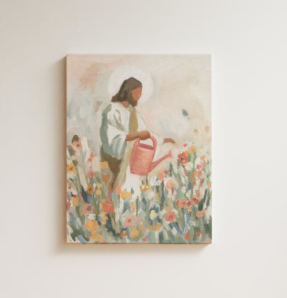 jesus watering flowers christian wall art print inspired by 1 corinthians 3 7