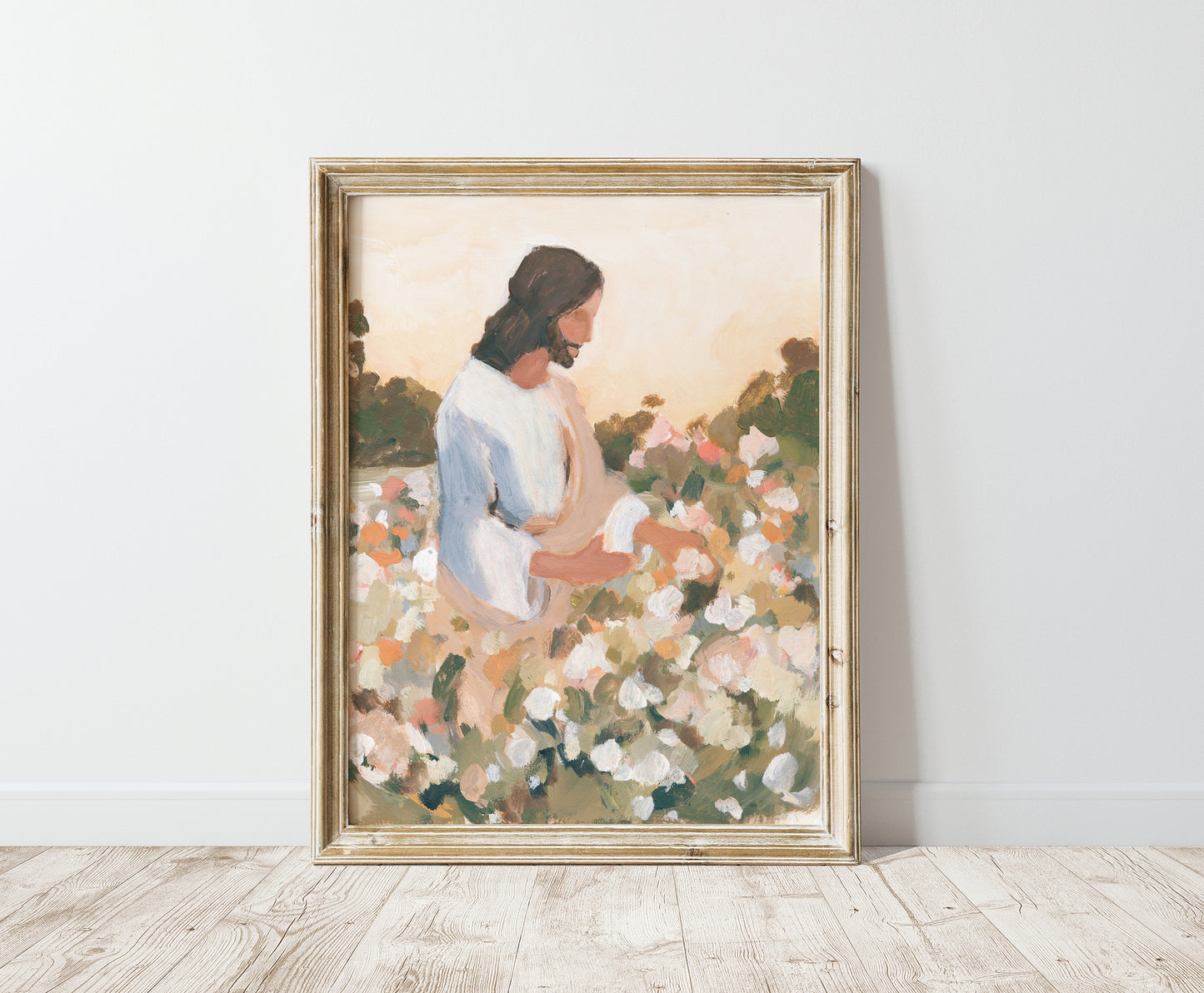 jesus watering flowers in garden christian wall art print