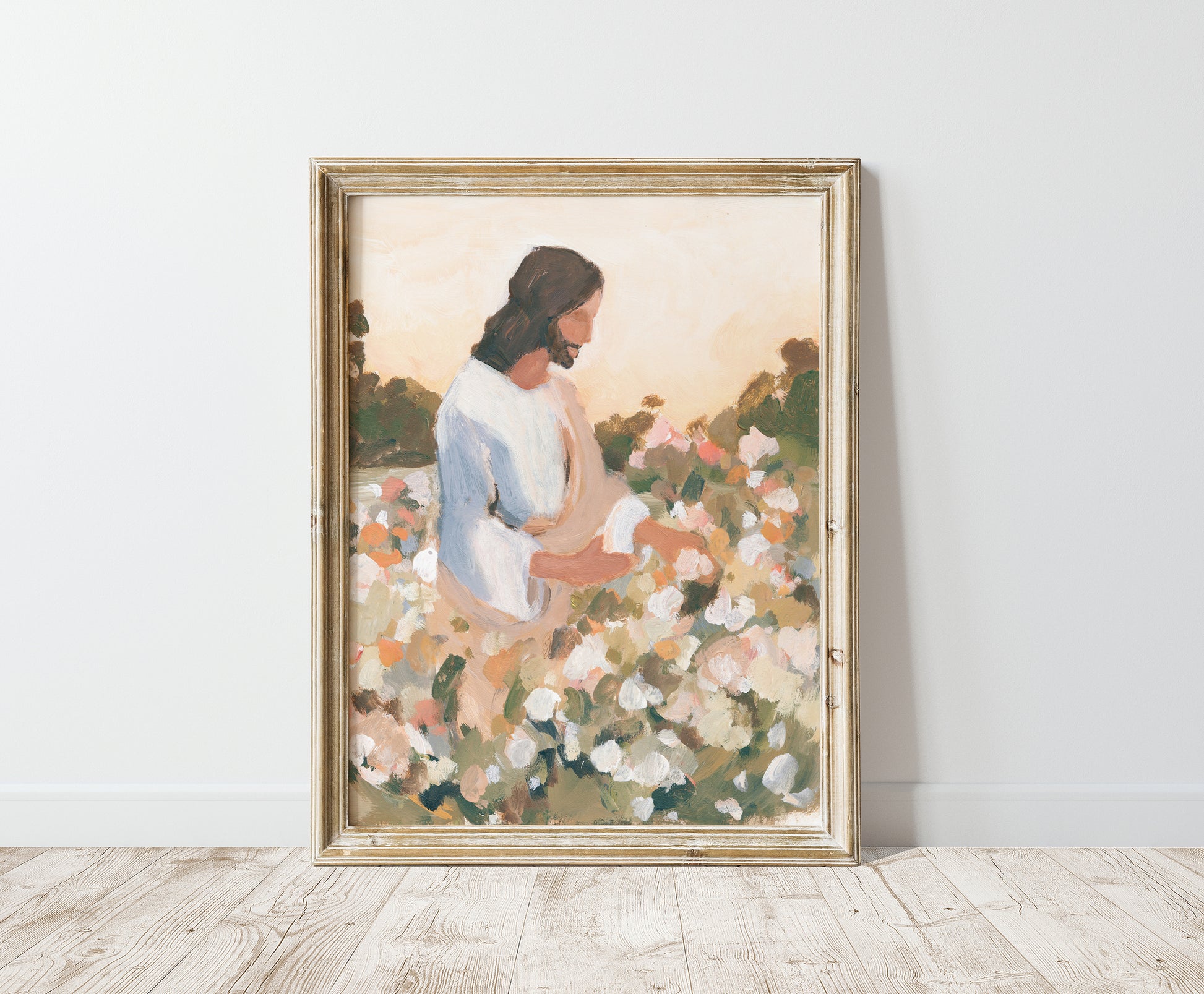 jesus watering flowers in garden christian wall art print