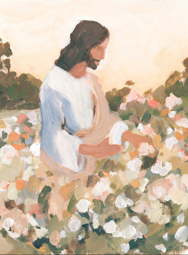 jesus watering flowers in garden christian wall art print